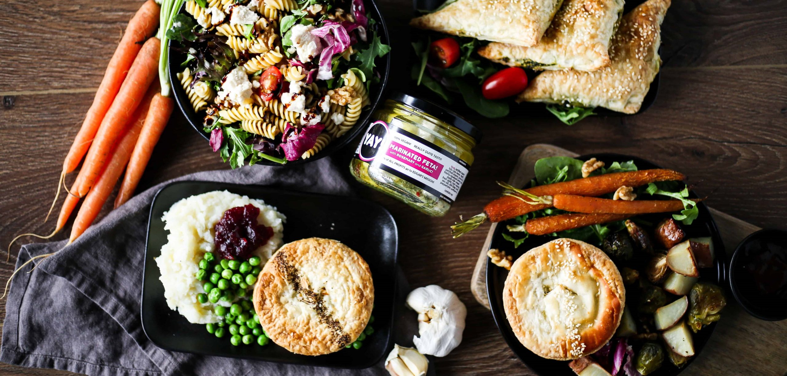 vegan feta and pies and salad